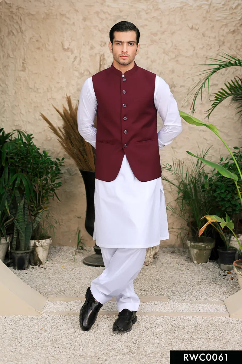Maroon Hemstitched Suiting Blend Waistcoat (2-Piece) - Image 1