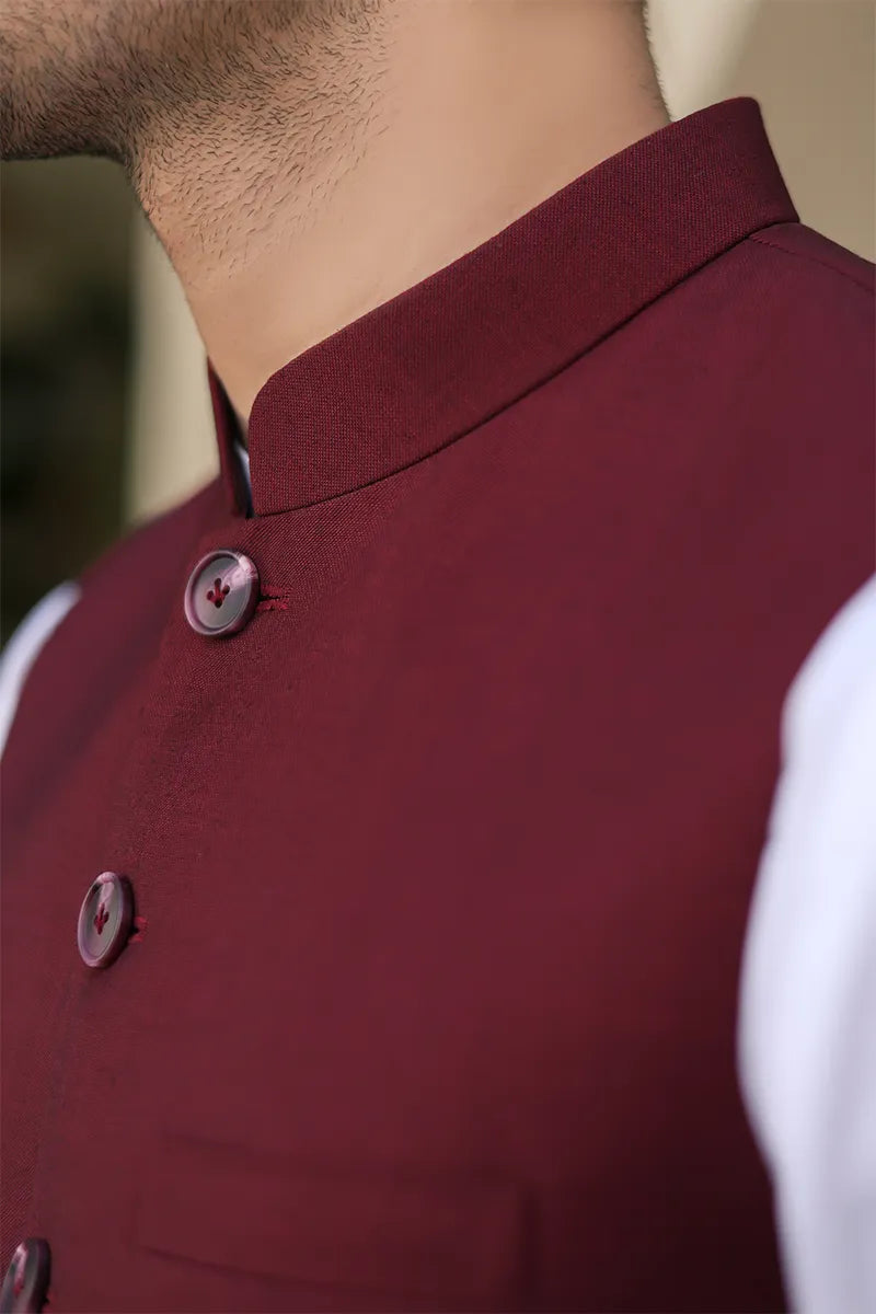 Maroon Hemstitched Suiting Blend Waistcoat (2-Piece) - Image 3