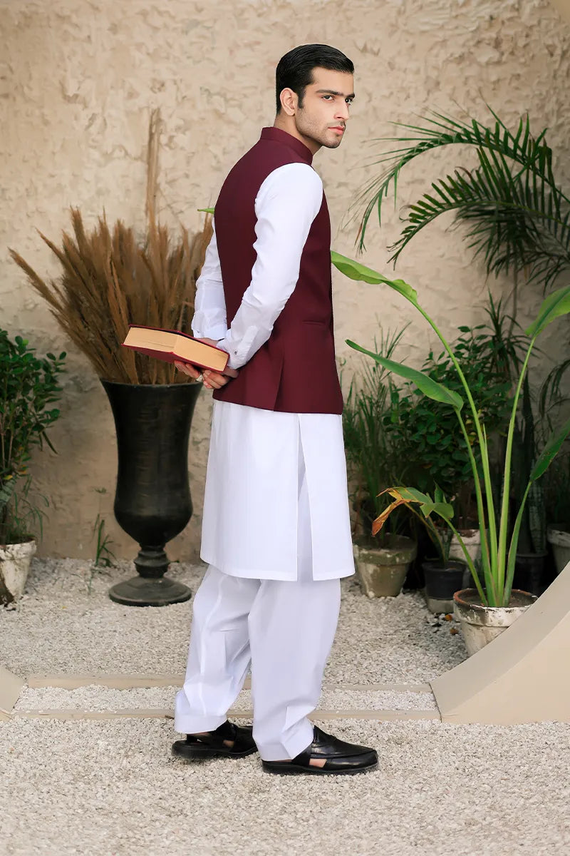Maroon Hemstitched Suiting Blend Waistcoat (2-Piece) - Image 4
