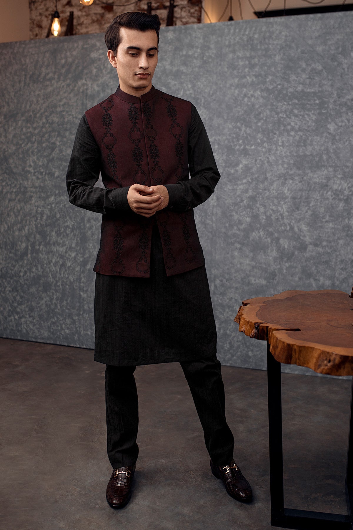 Maroon Black Embroidered Suiting Waistcoat (3-Piece) - Image 1