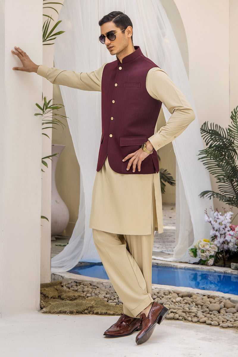 Maroon Solid Suiting Waistcoat Kurta Set (3-Piece) - Image 1