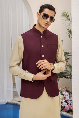 Maroon Solid Suiting Waistcoat Kurta Set (3-Piece) - Image 6