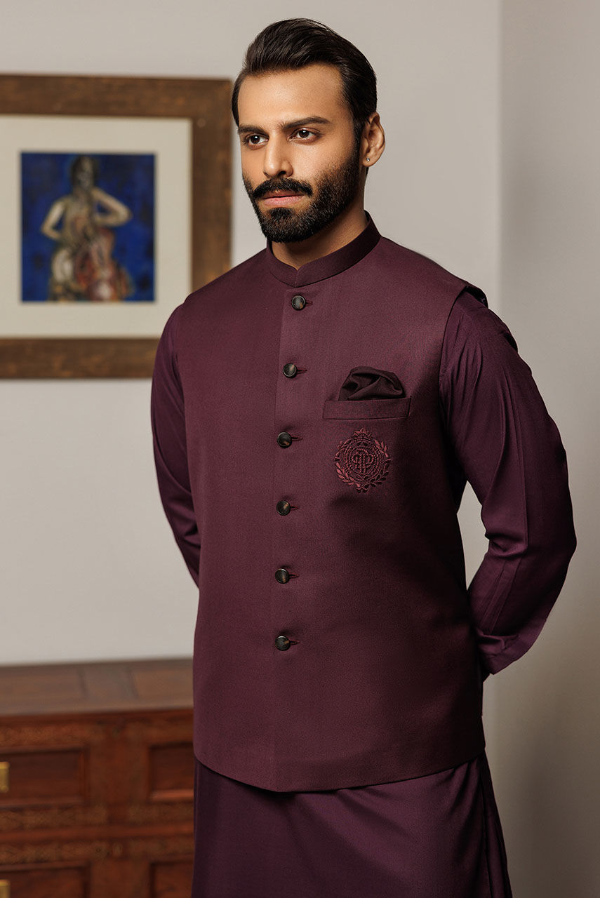 Burgundy Embroidered Suiting Fabric Waistcoat (3-Piece) - Image 3