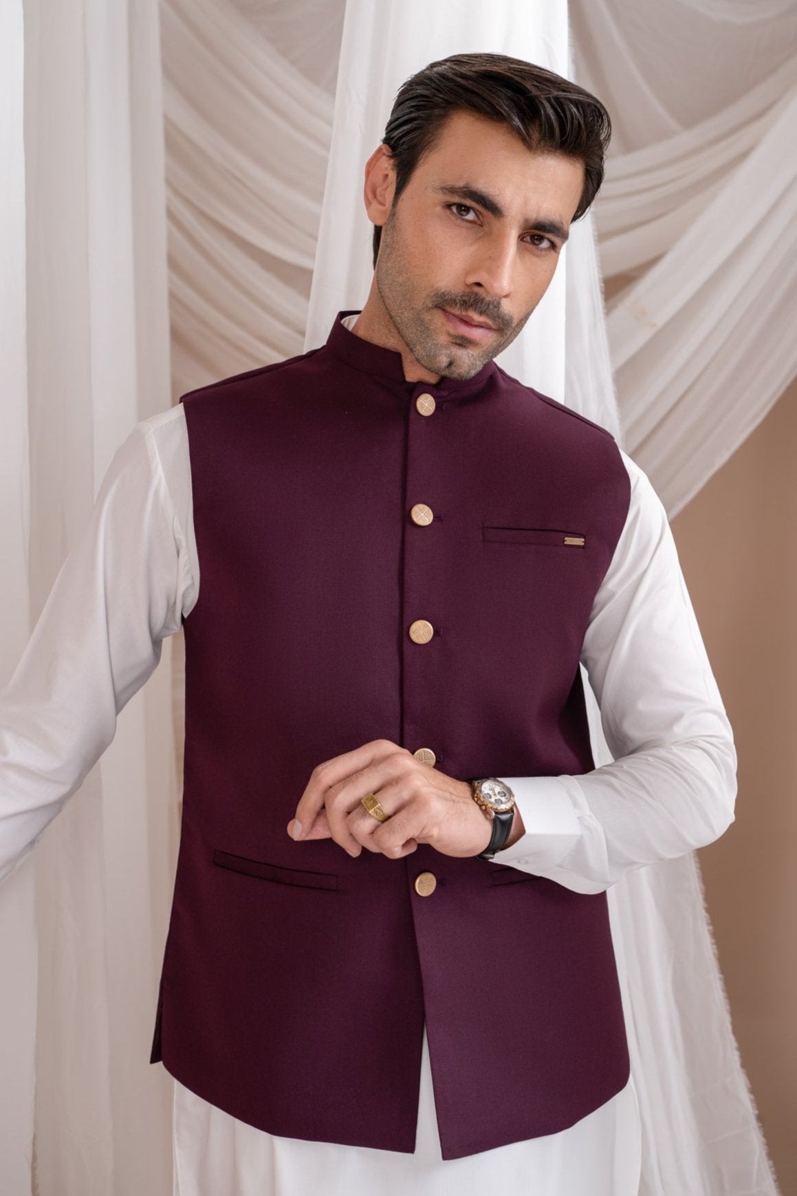 Burgundy Suiting Straight-Cut Waistcoat (3-Piece) - Image 1