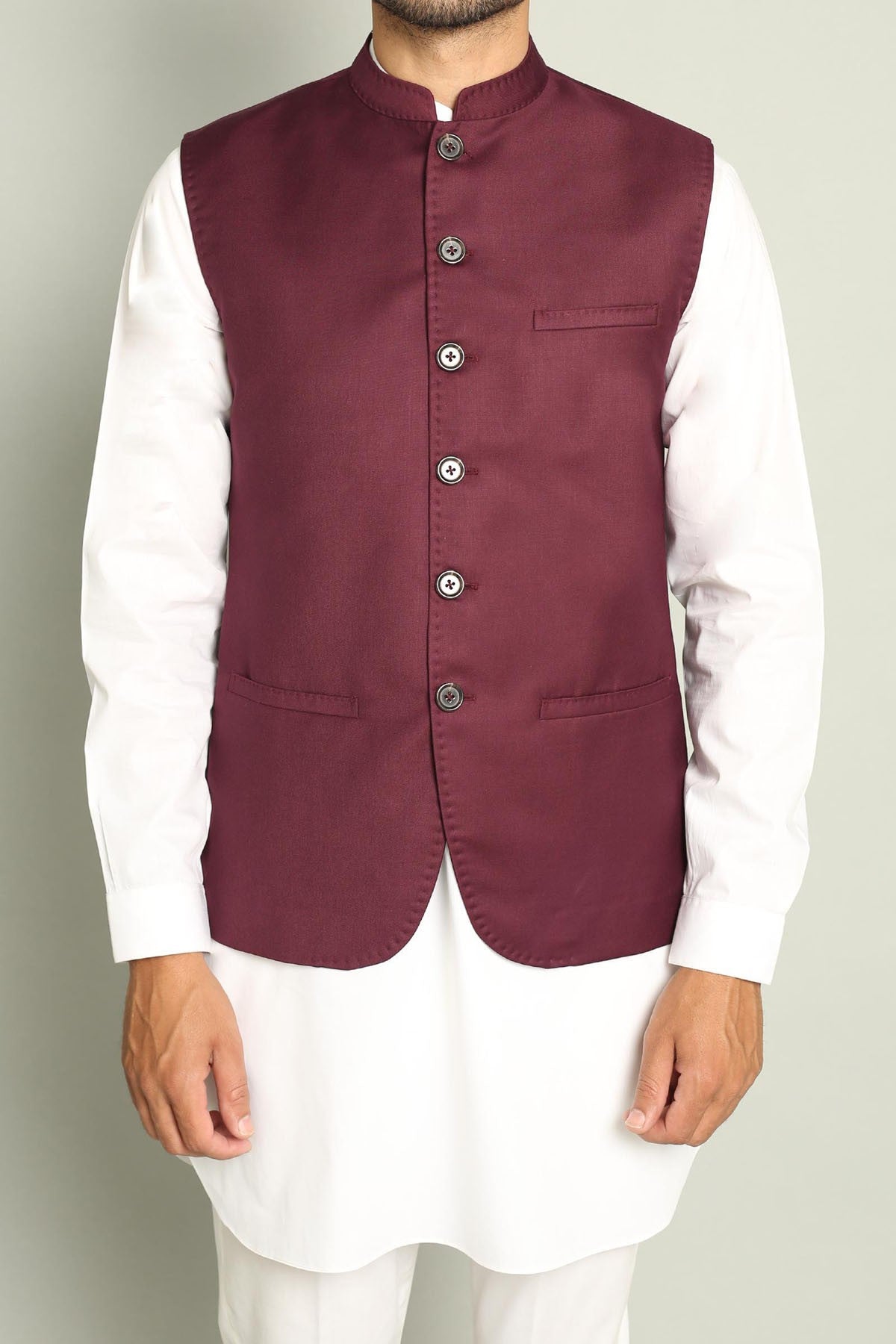 Maroon Tropical Fabric Waistcoat Kurta Set (3-Piece) - Image 1