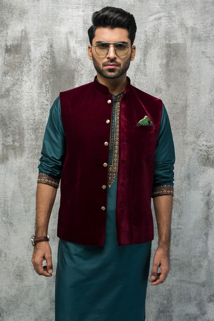 Maroon Velvet Waistcoat with Teal Embroidered Kurta (3-Piece) - Image 1