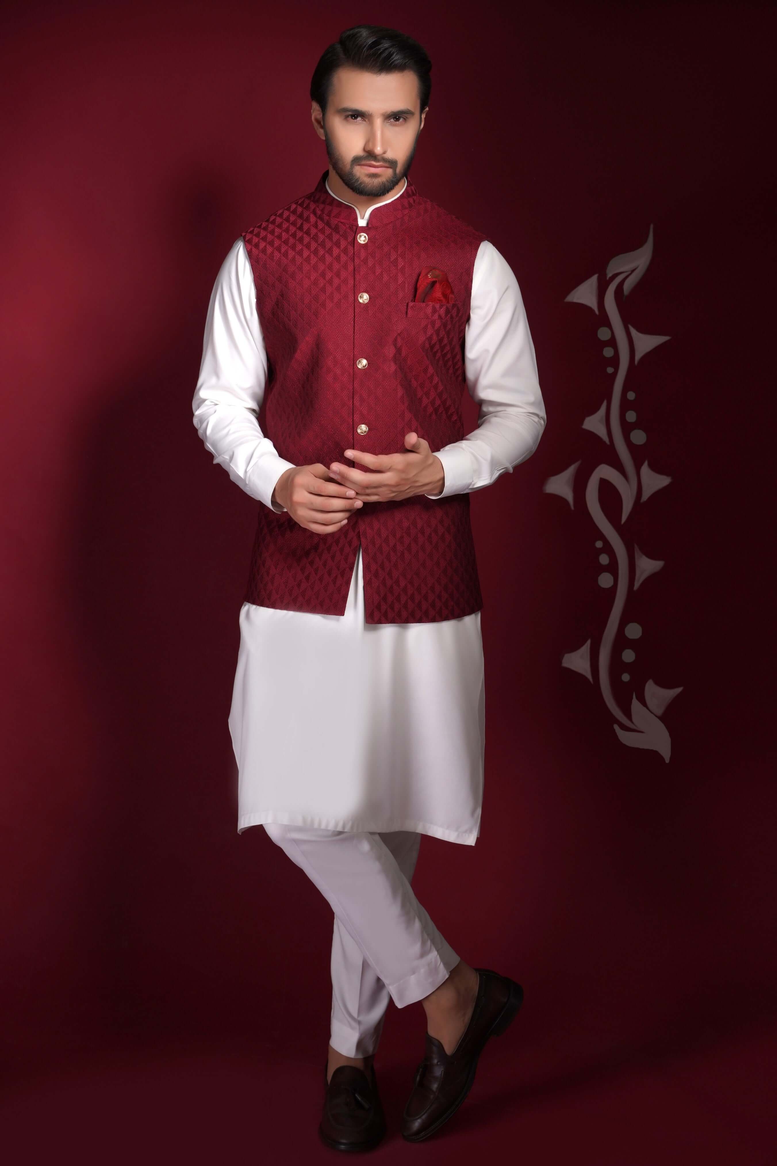 Deep Maroon Embroidered Waistcoat Kurta Pyjama (3-Piece) - Image 1