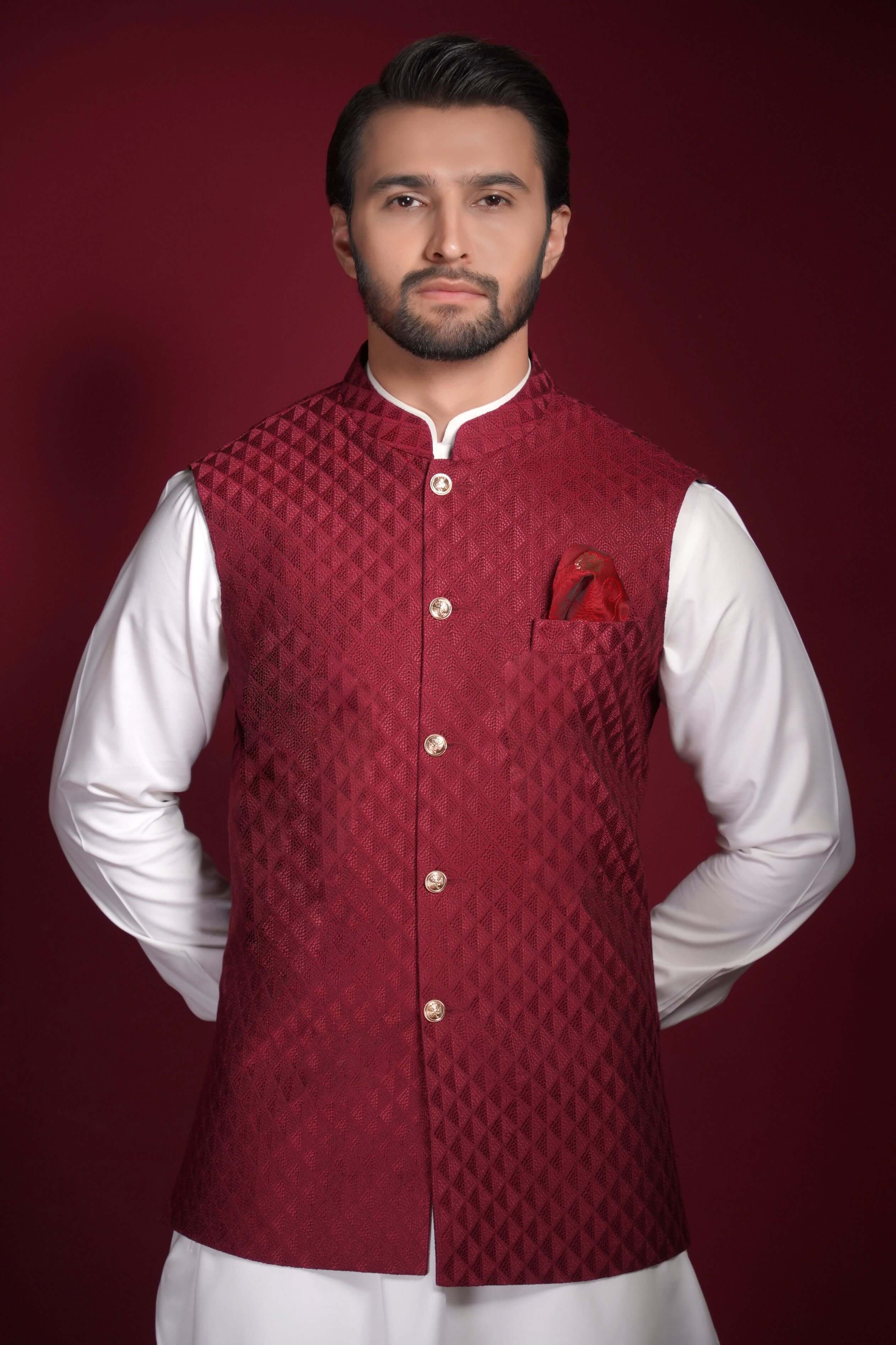 Deep Maroon Embroidered Waistcoat Kurta Pyjama (3-Piece) - Image 2