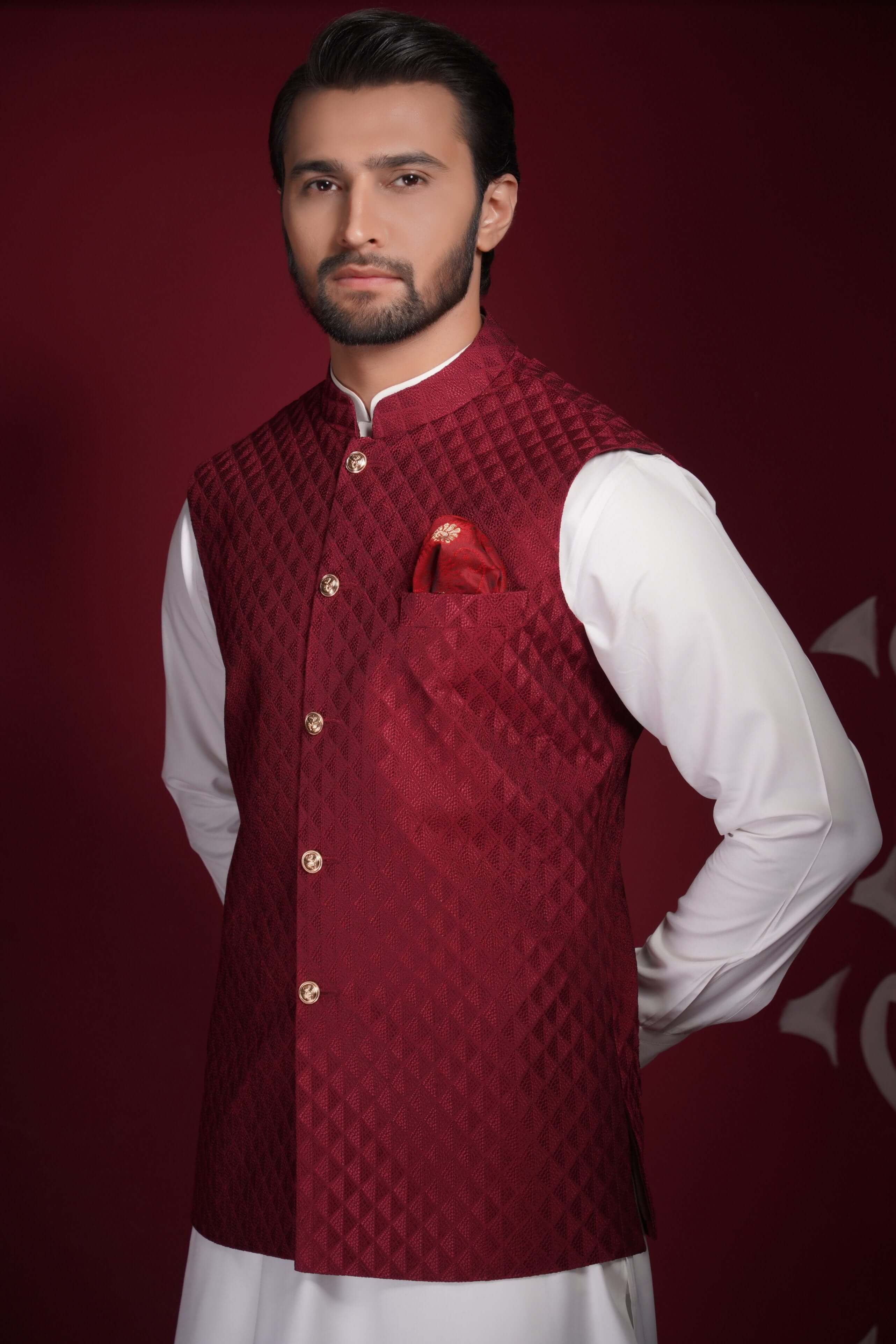 Deep Maroon Embroidered Waistcoat Kurta Pyjama (3-Piece) - Image 3