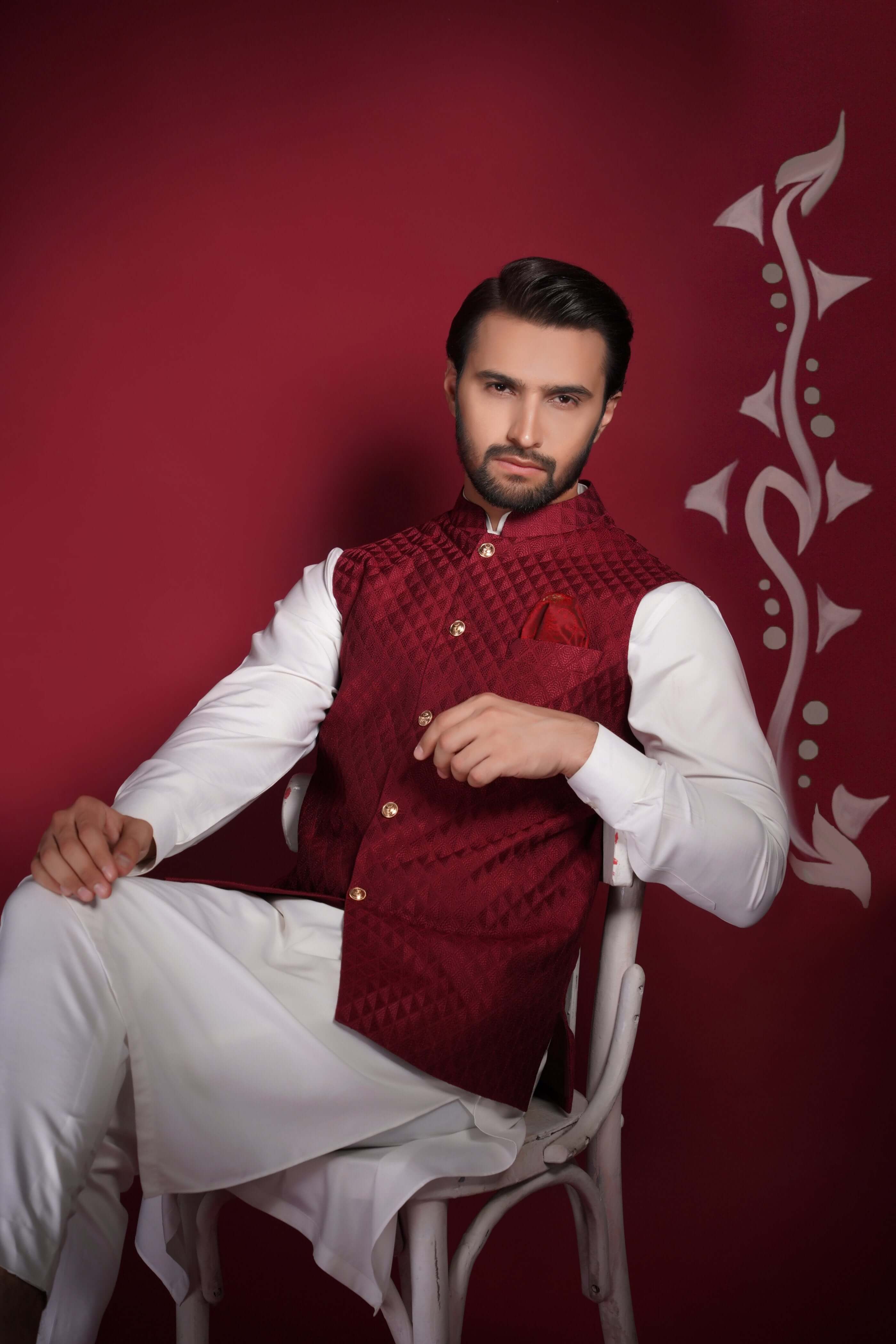 Deep Maroon Embroidered Waistcoat Kurta Pyjama (3-Piece) - Image 4