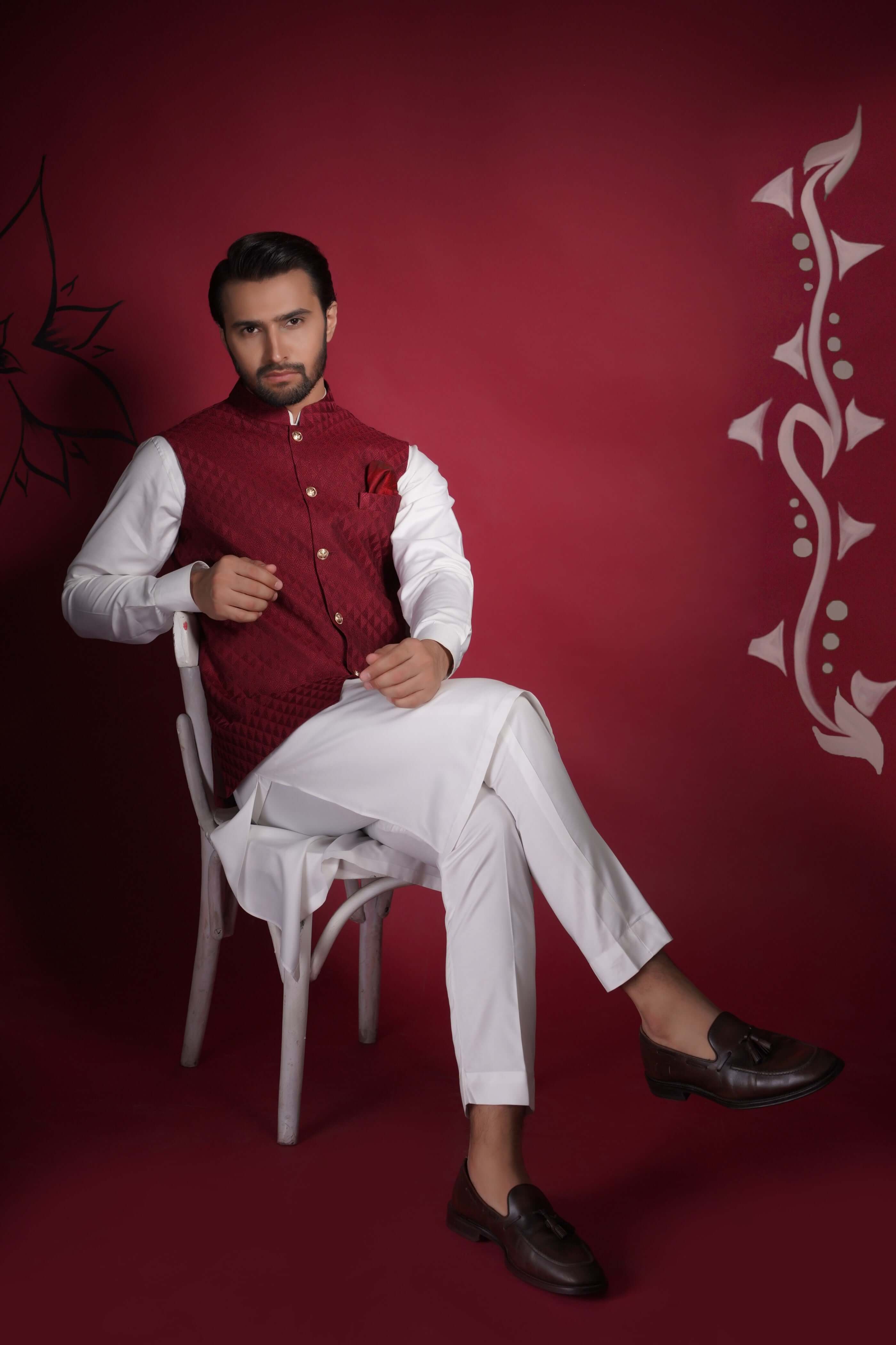 Deep Maroon Embroidered Waistcoat Kurta Pyjama (3-Piece) - Image 5