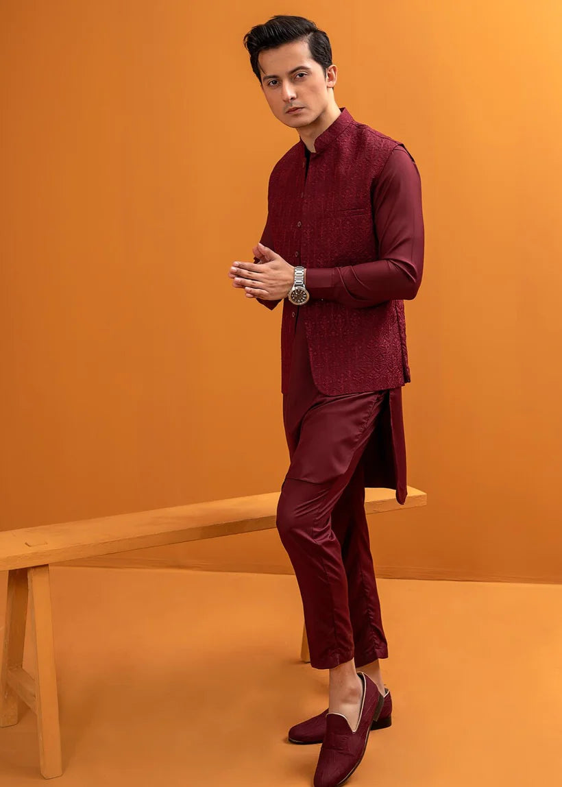 Maroon Embroidered Wash & Wear Waistcoat Kurta (3-Piece) - Image 2
