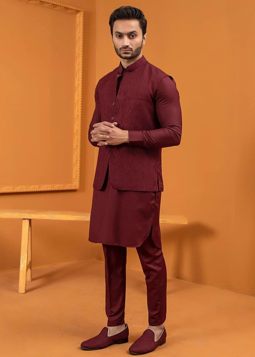 Maroon Embroidered Wash & Wear Waistcoat Kurta (3-Piece) - Image 1