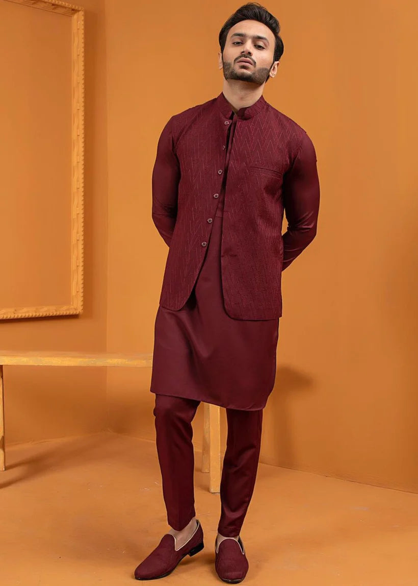 Maroon Embroidered Wash & Wear Waistcoat Kurta (3-Piece) - Image 2