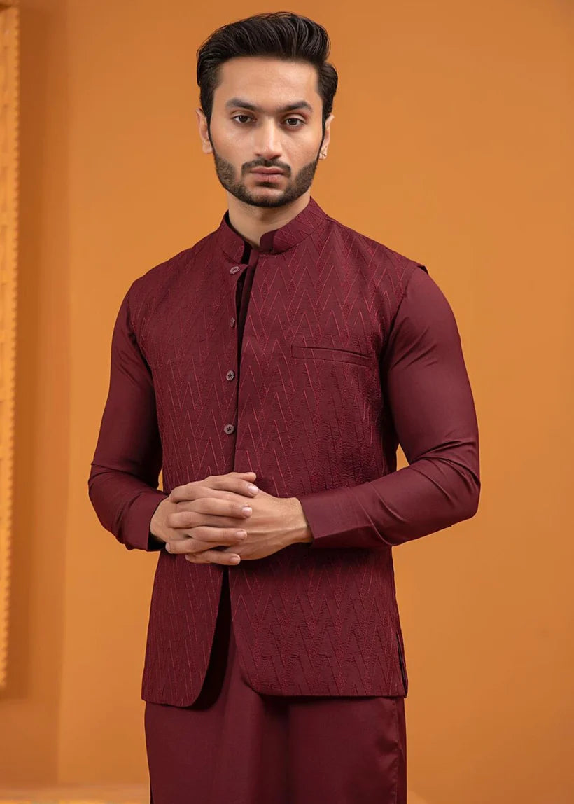 Maroon Embroidered Wash & Wear Waistcoat Kurta (3-Piece) - Image 3