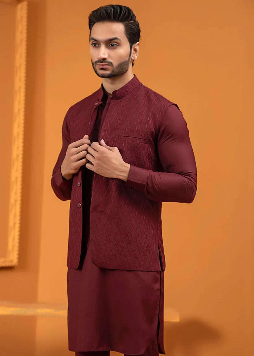 Maroon Embroidered Wash & Wear Waistcoat Kurta (3-Piece) - Image 4