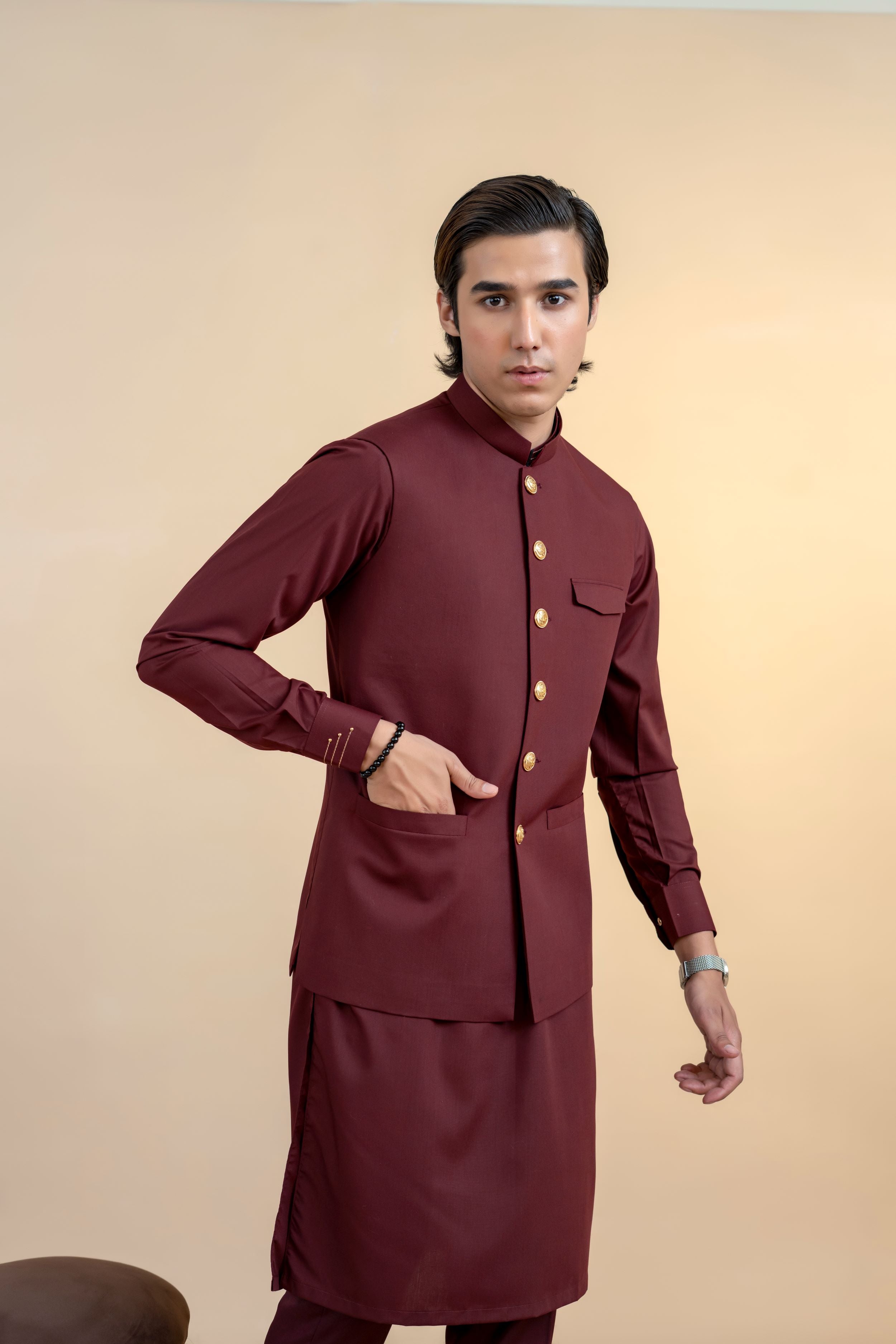 Maroon Wash-and-Wear Waistcoat Kurta (3-Piece) - Image 2