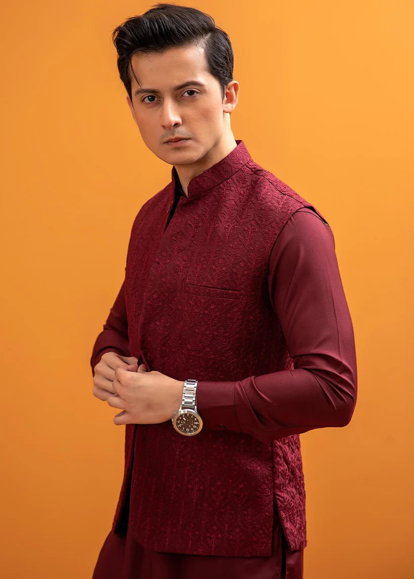 Maroon Embroidered Wash & Wear Waistcoat Kurta (3-Piece) - Image 1