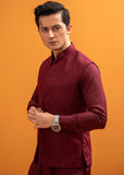 Maroon Embroidered Wash & Wear Waistcoat Kurta (3-Piece) - Image 2