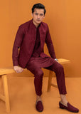 Maroon Embroidered Wash & Wear Waistcoat Kurta (3-Piece) - Image 6