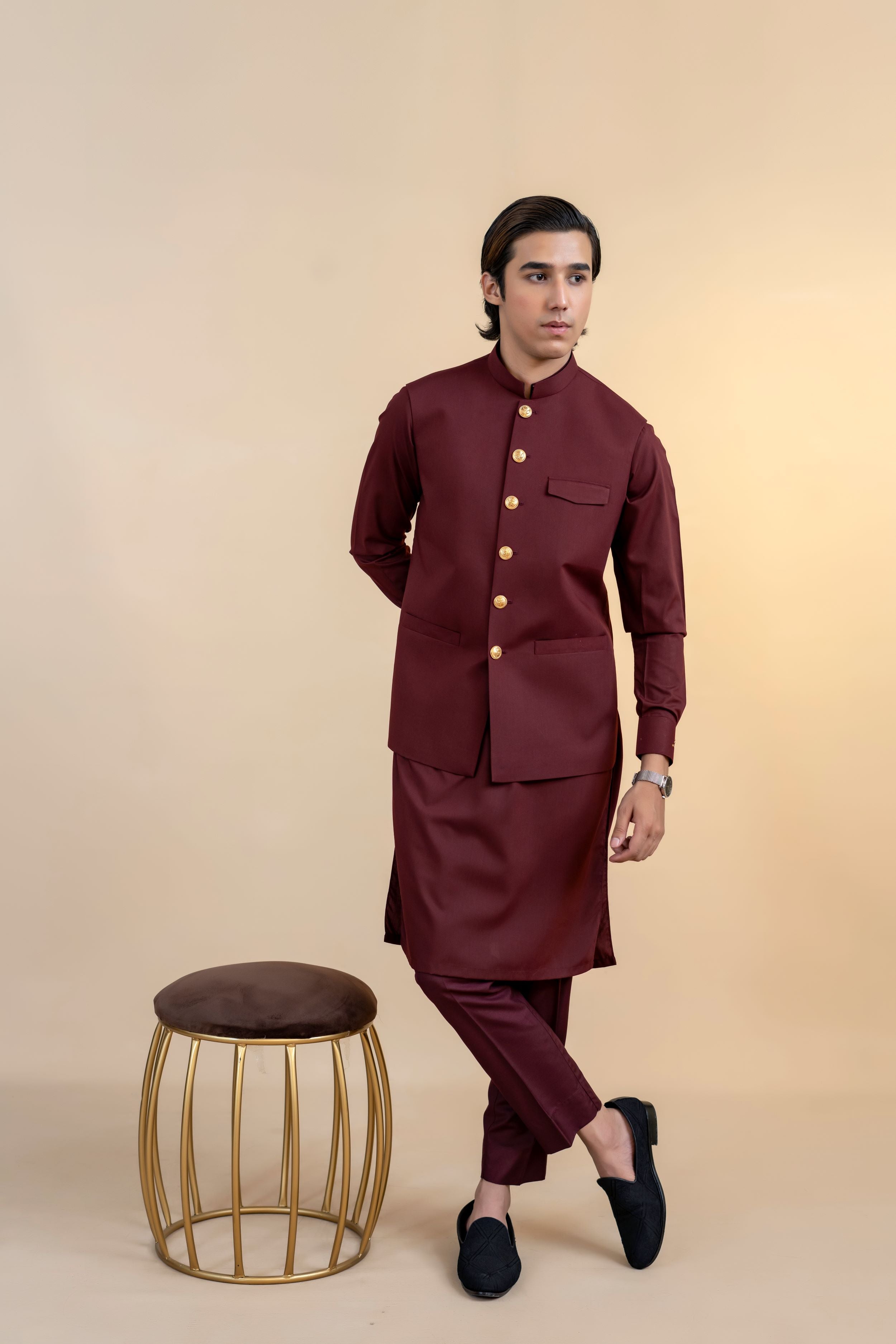 Maroon Wash-and-Wear Waistcoat Kurta (3-Piece) - Image 1
