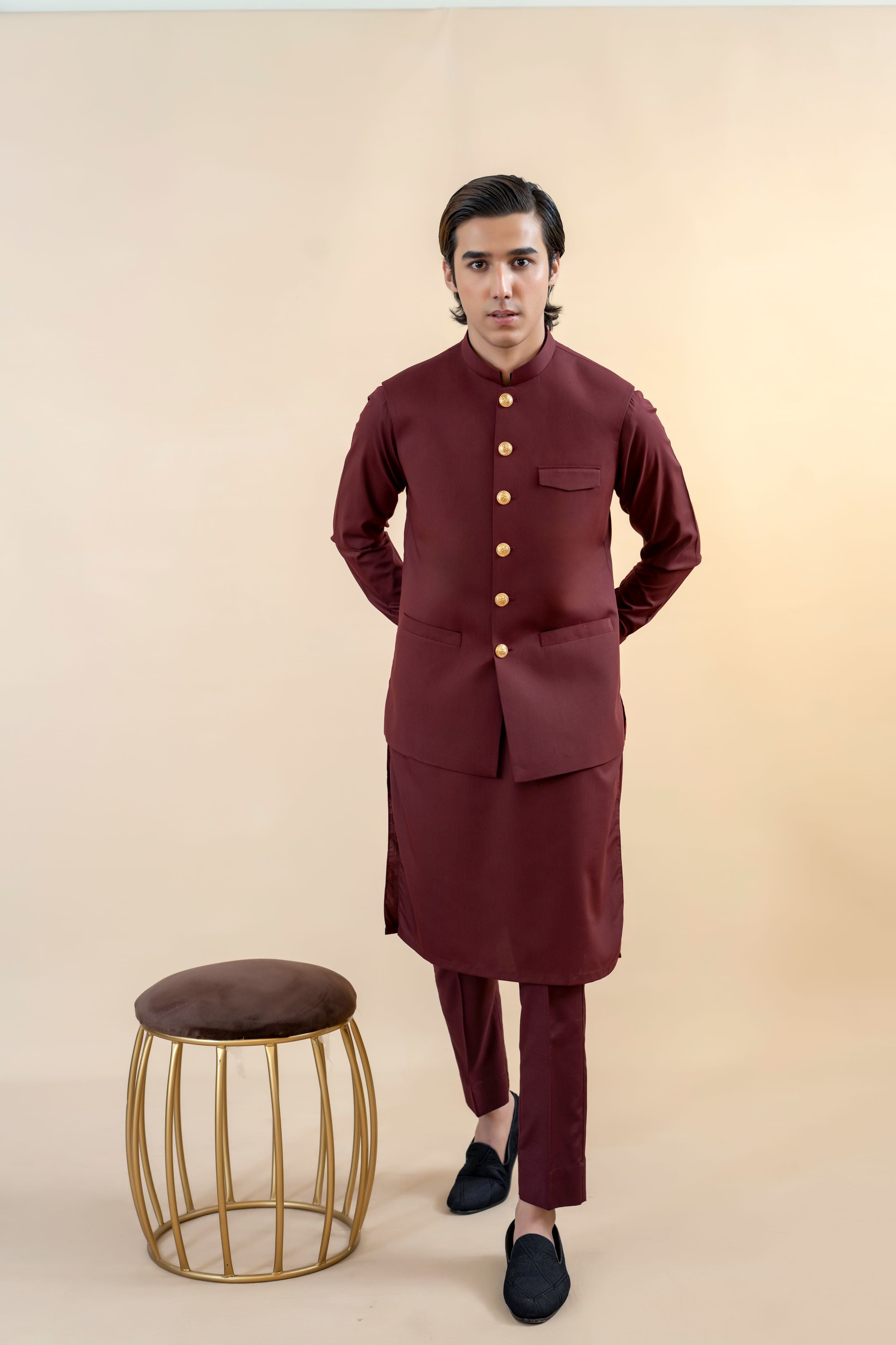 Maroon Wash-and-Wear Waistcoat Kurta (3-Piece) - Image 3