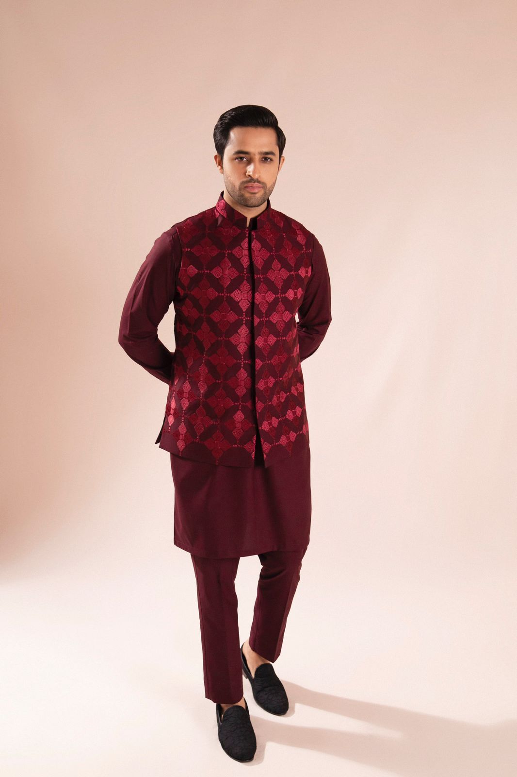 Maroon Embroidered Wash & Wear Waistcoat Kurta (3-Piece) - Image 3