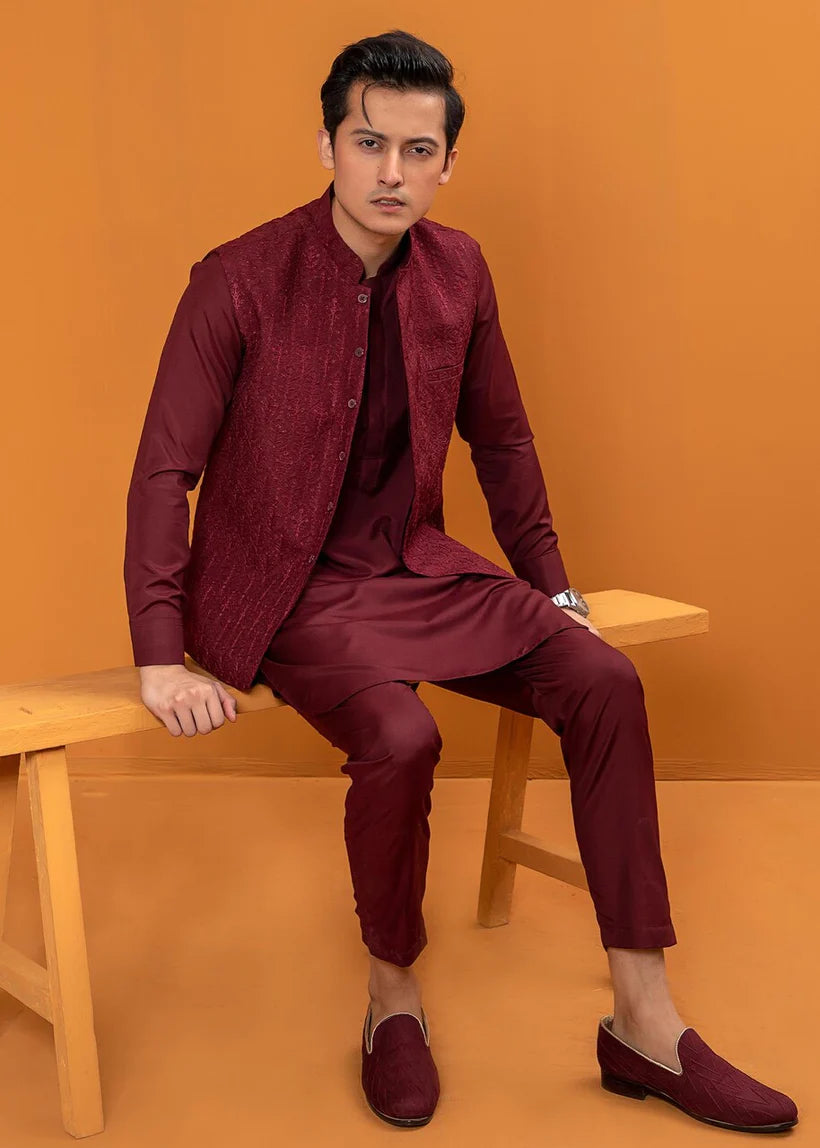 Maroon Embroidered Wash & Wear Waistcoat Kurta (3-Piece) - Image 5