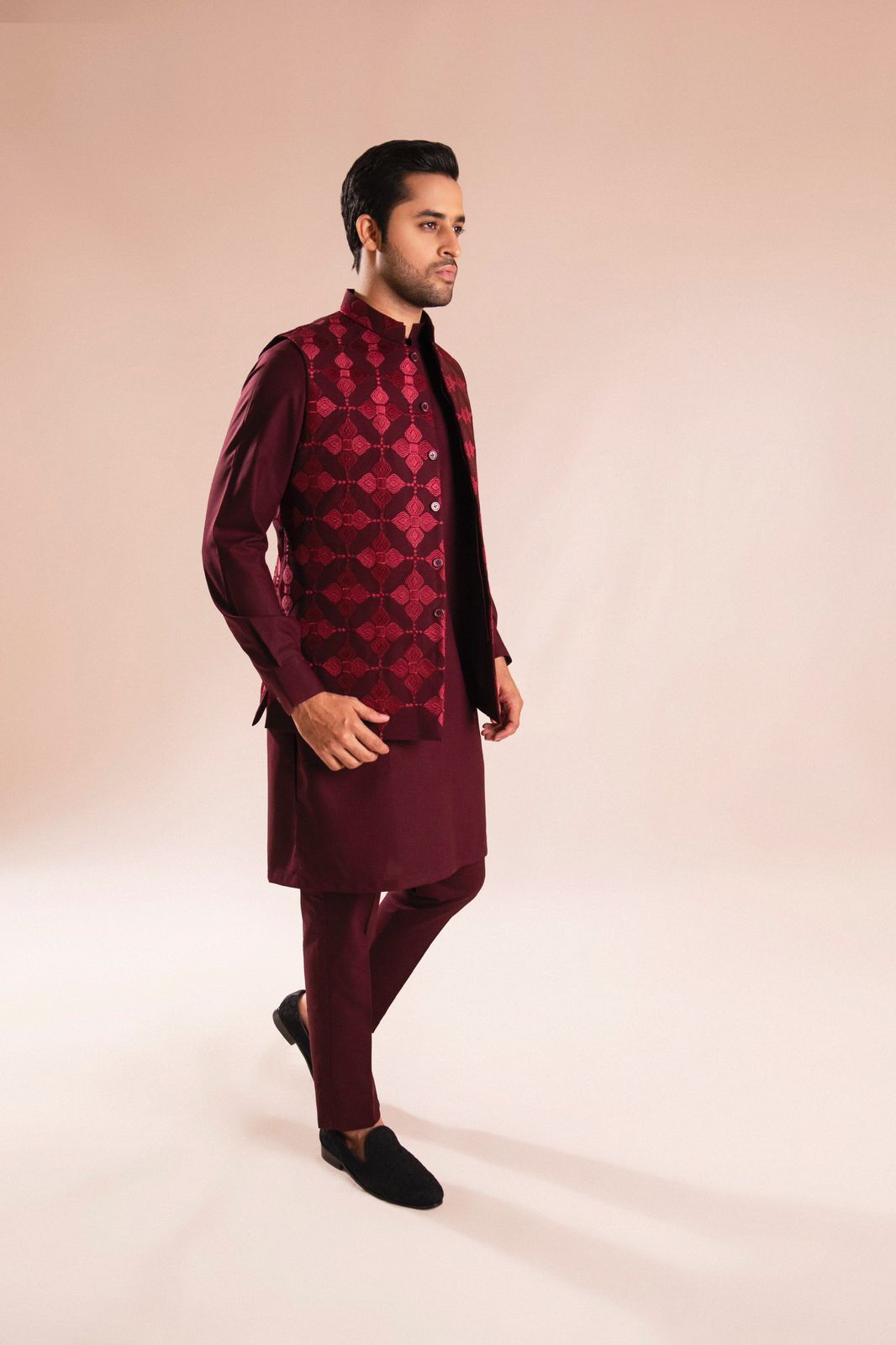 Maroon Embroidered Wash & Wear Waistcoat Kurta (3-Piece) - Image 1