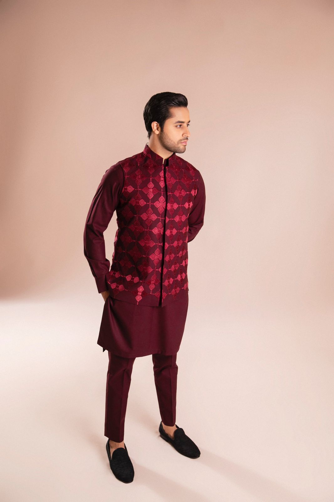 Maroon Embroidered Wash & Wear Waistcoat Kurta (3-Piece) - Image 2