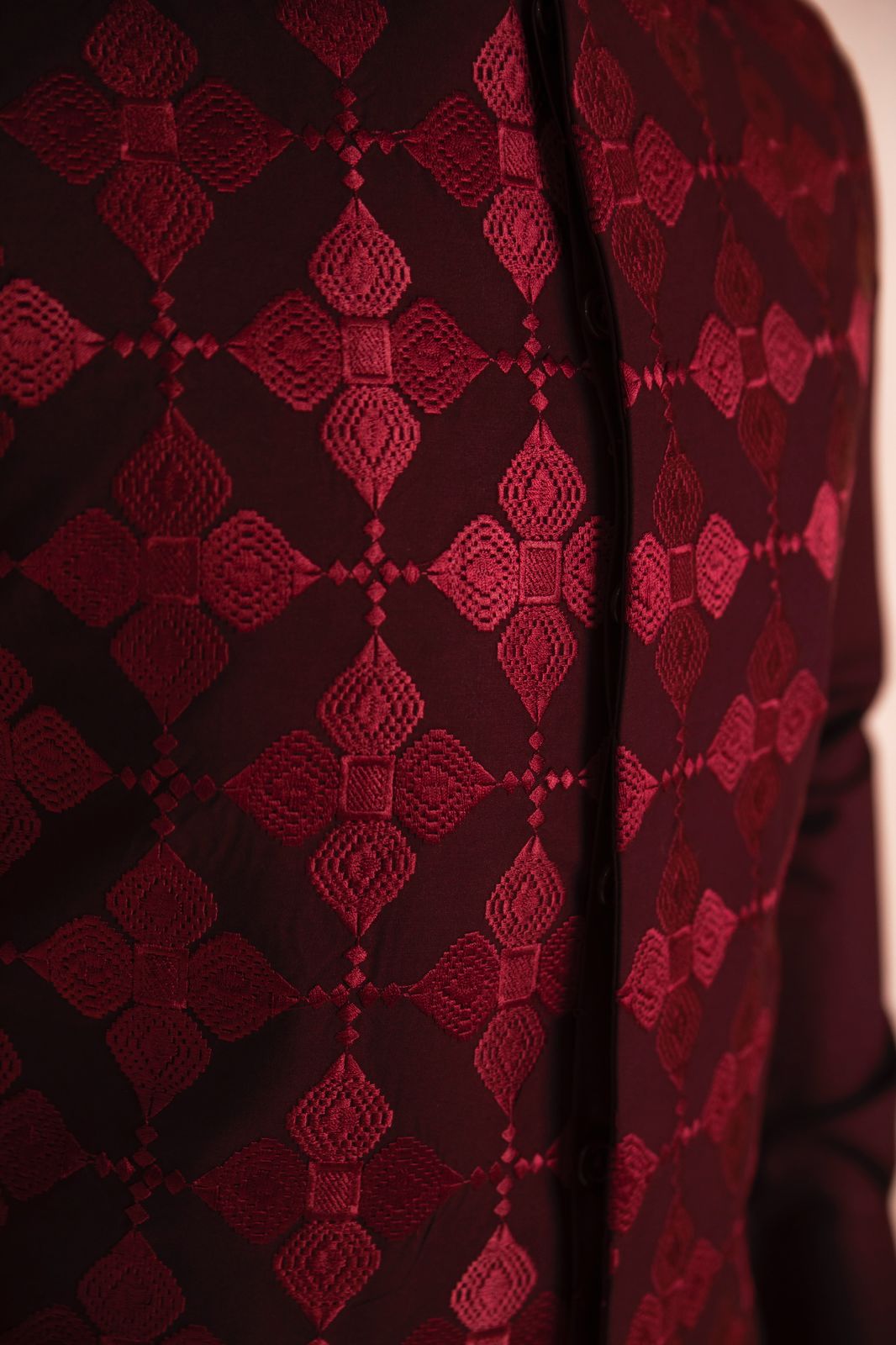 Maroon Embroidered Wash & Wear Waistcoat Kurta (3-Piece) - Image 5