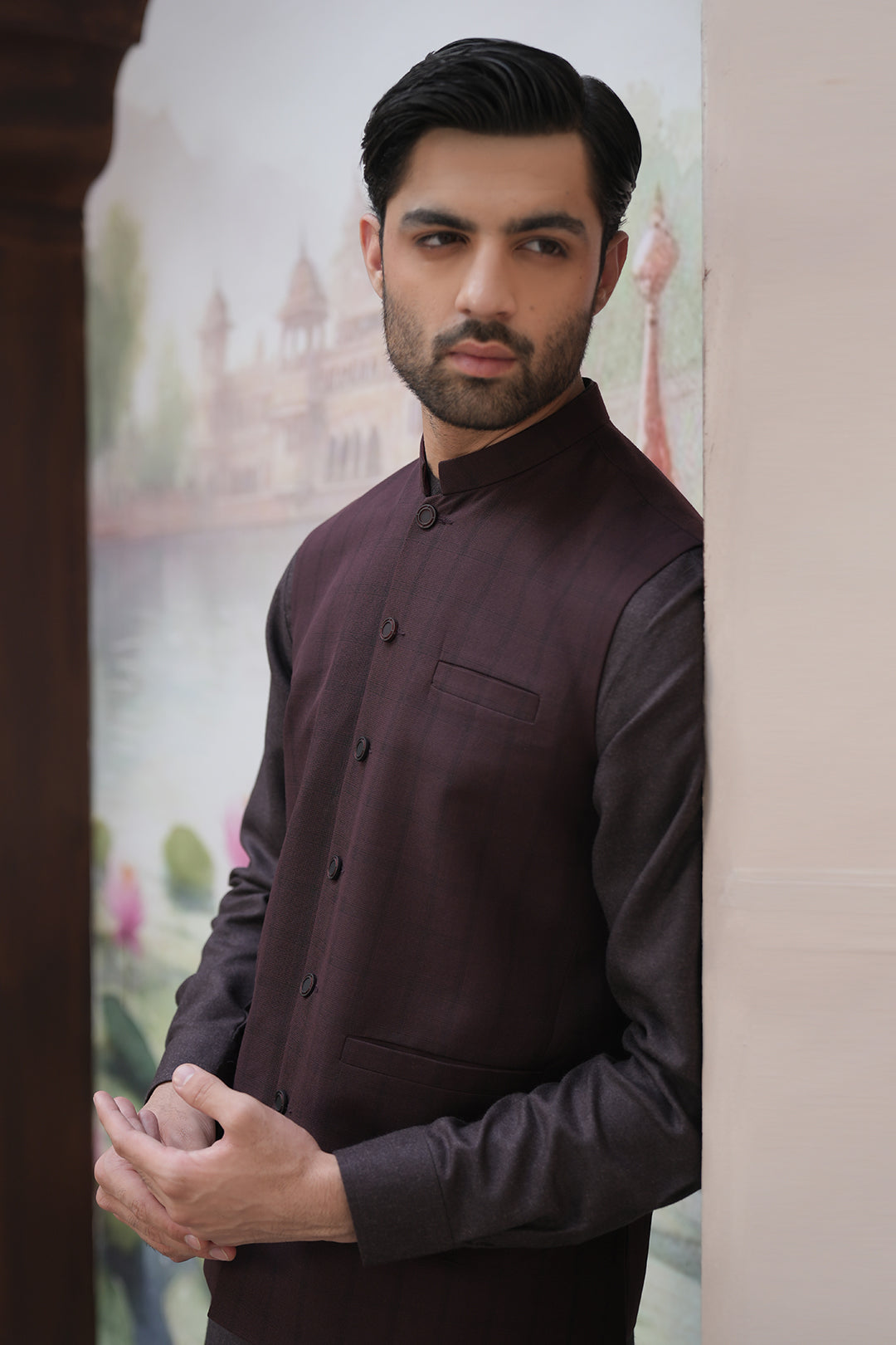 Maroon Yarn-Dyed Waistcoat Kurta Set (3-Piece) - Image 1