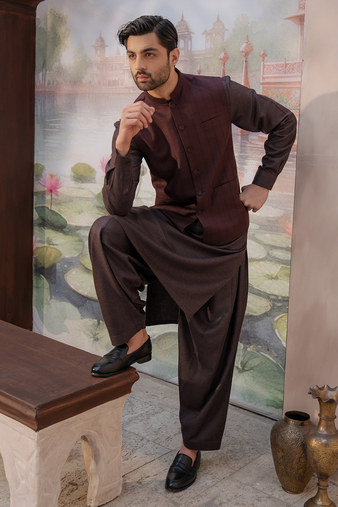 Maroon Yarn-Dyed Waistcoat Kurta Set (3-Piece) - Image 3