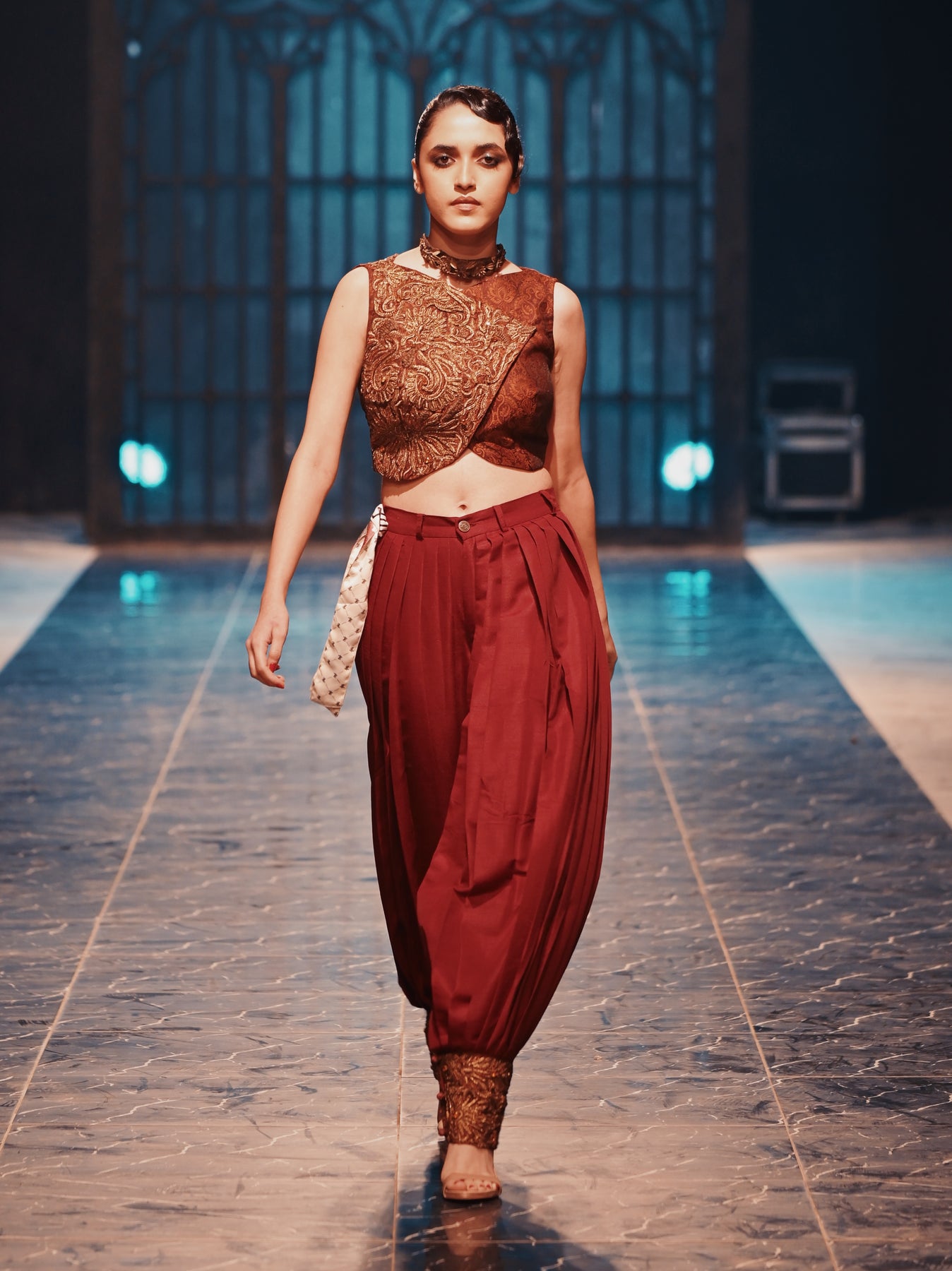 Pakistani Maroon Embroidered Jamawar Waistcoat & Raw Silk Pants (2-Piece) - Image 3