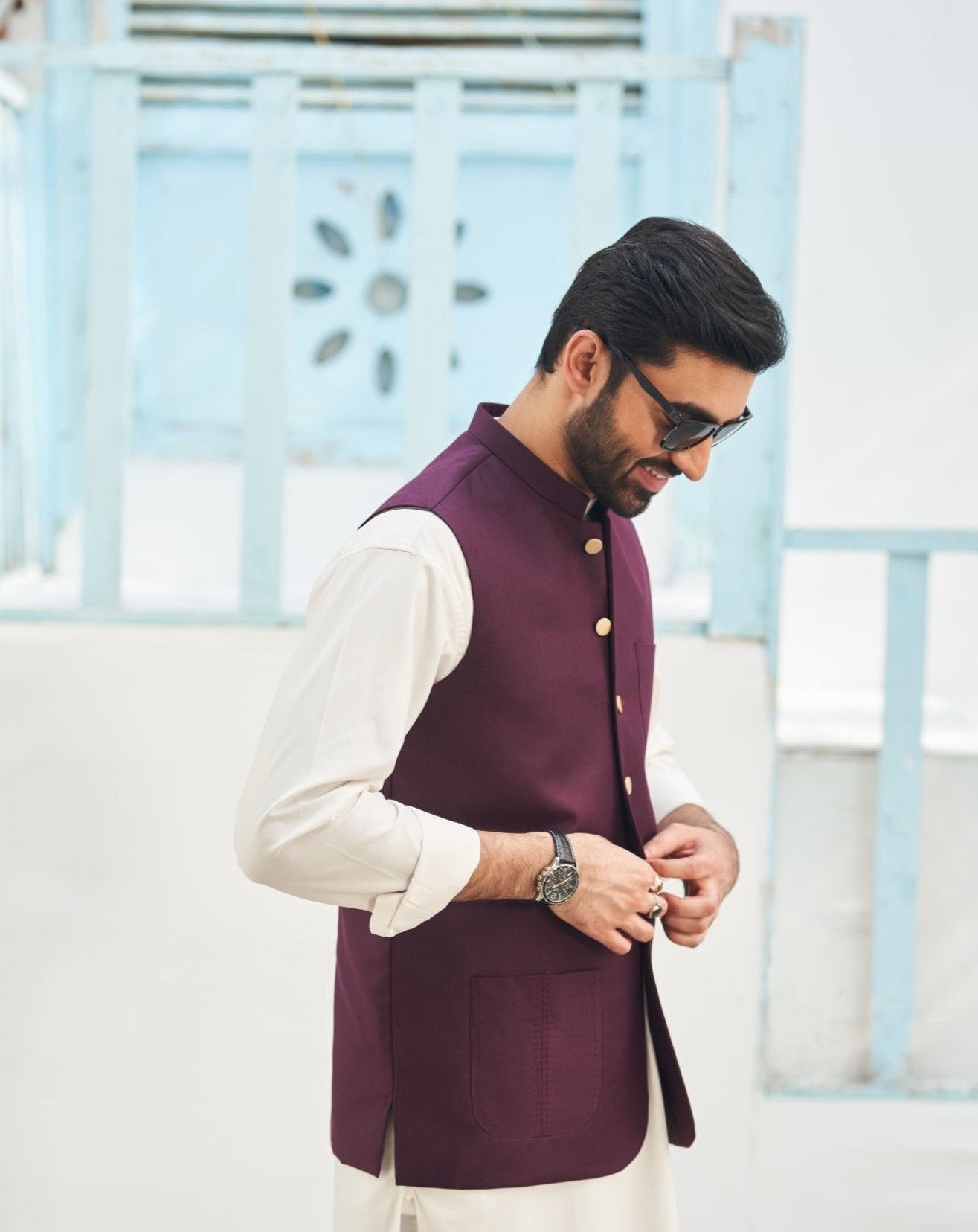 Burgundy Suiting Waistcoat with Mandarin Collar (1-Pc) - Image 1
