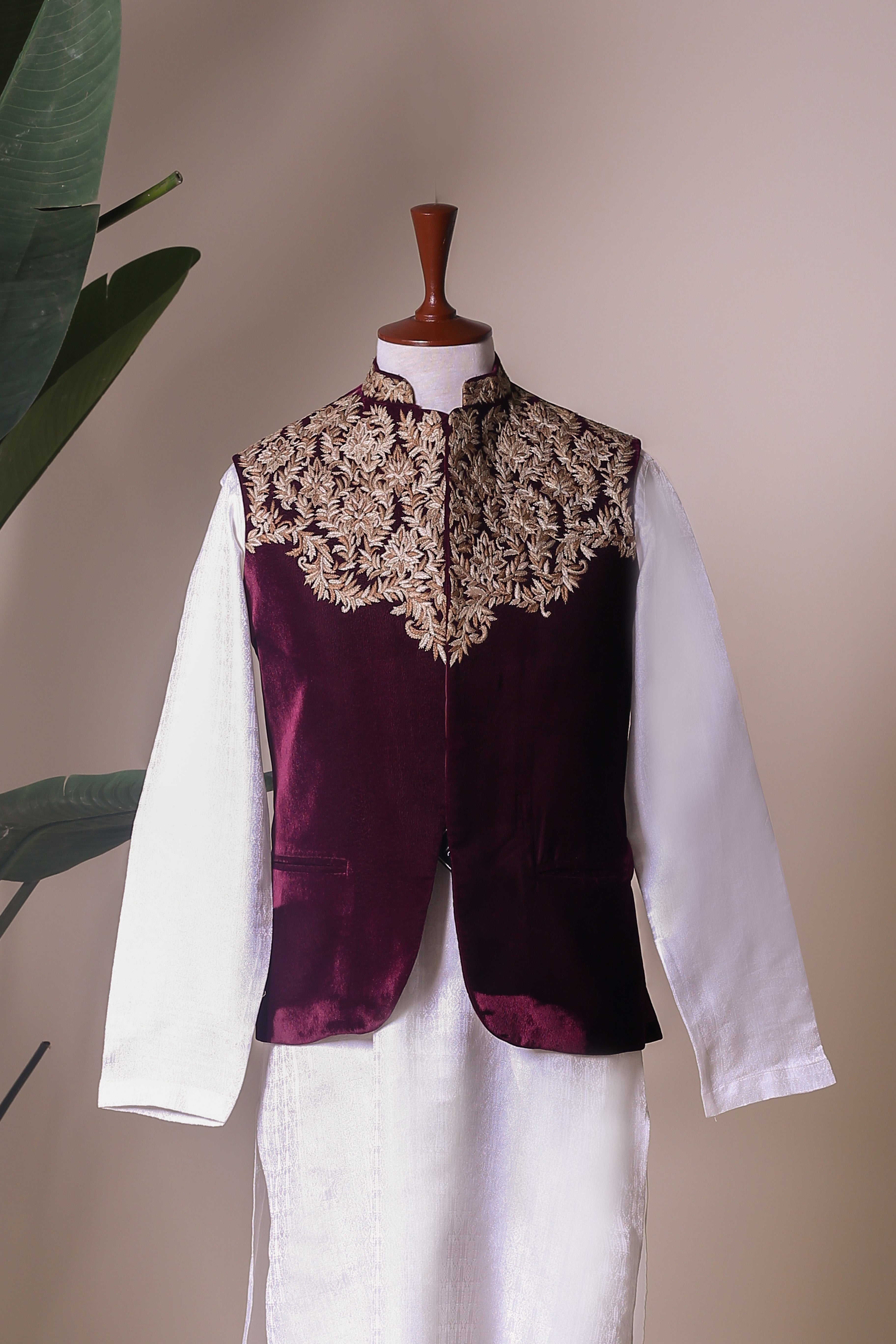 Maroon Embroidered Velvet Waistcoat (1-Pc) - Image 1