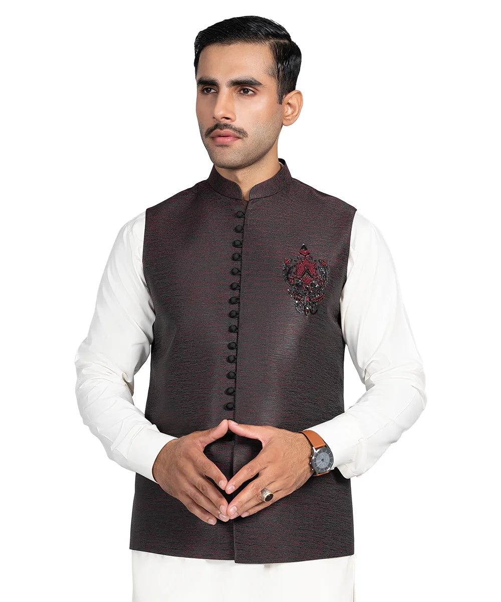 Deep Maroon Embroidered Viscose Waistcoat (1-Pc) - Image 1
