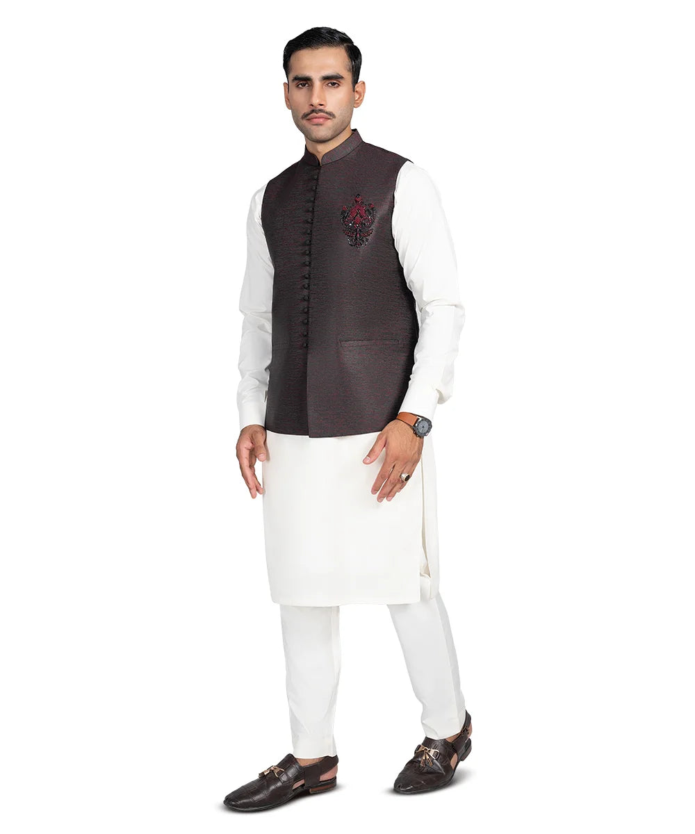 Deep Maroon Embroidered Viscose Waistcoat (1-Pc) - Image 3