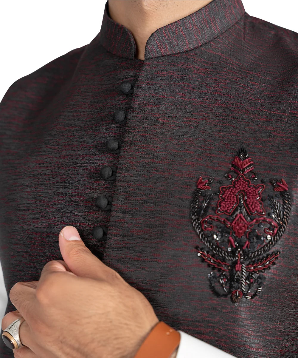 Deep Maroon Embroidered Viscose Waistcoat (1-Pc) - Image 4