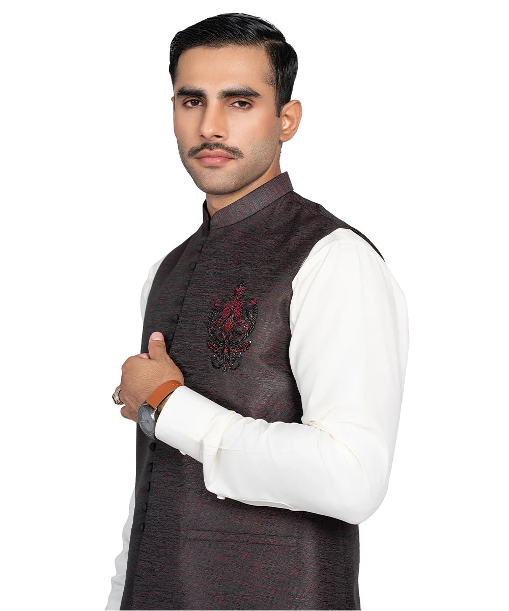 Deep Maroon Embroidered Viscose Waistcoat (1-Pc) - Image 5