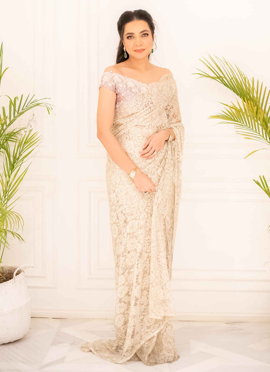 Pale Mauve Embellished Chantilly Lace Saree (2-Piece) - Image 1