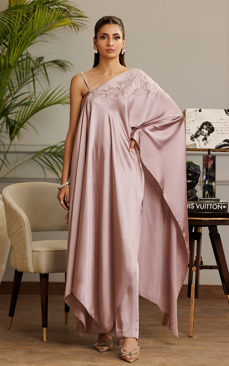 Dusty Mauve Embroidered Chamois Kaftan (2-Piece) - Image 1