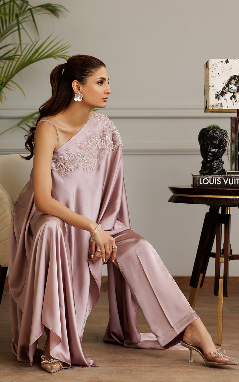 Dusty Mauve Embroidered Chamois Kaftan (2-Piece) - Image 3