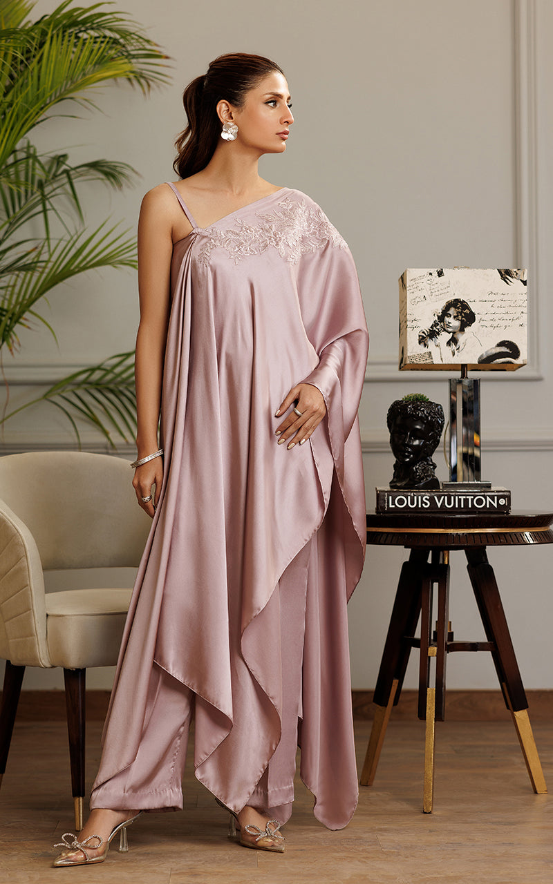 Dusty Mauve Embroidered Chamois Kaftan (2-Piece) - Image 7