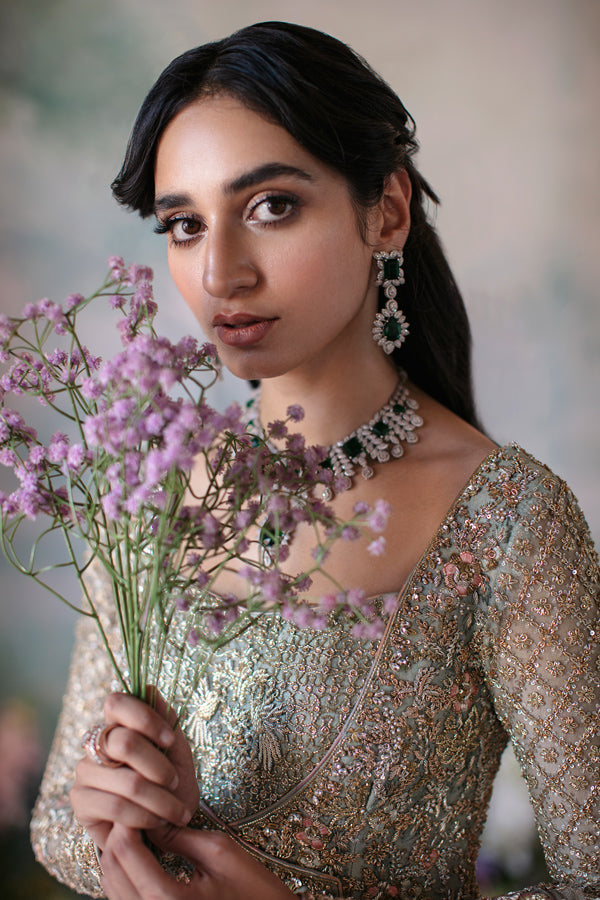 Pale Mint Embellished Net Angrakha Bridal Gown (2-Piece) - Image 1