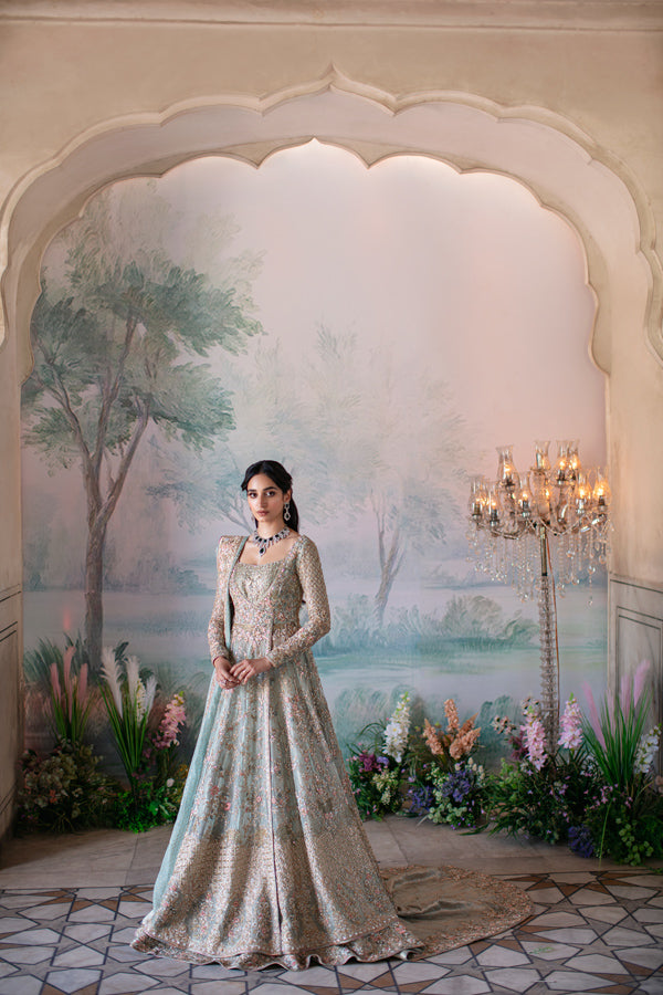 Pale Mint Embellished Net Angrakha Bridal Gown (2-Piece) - Image 3