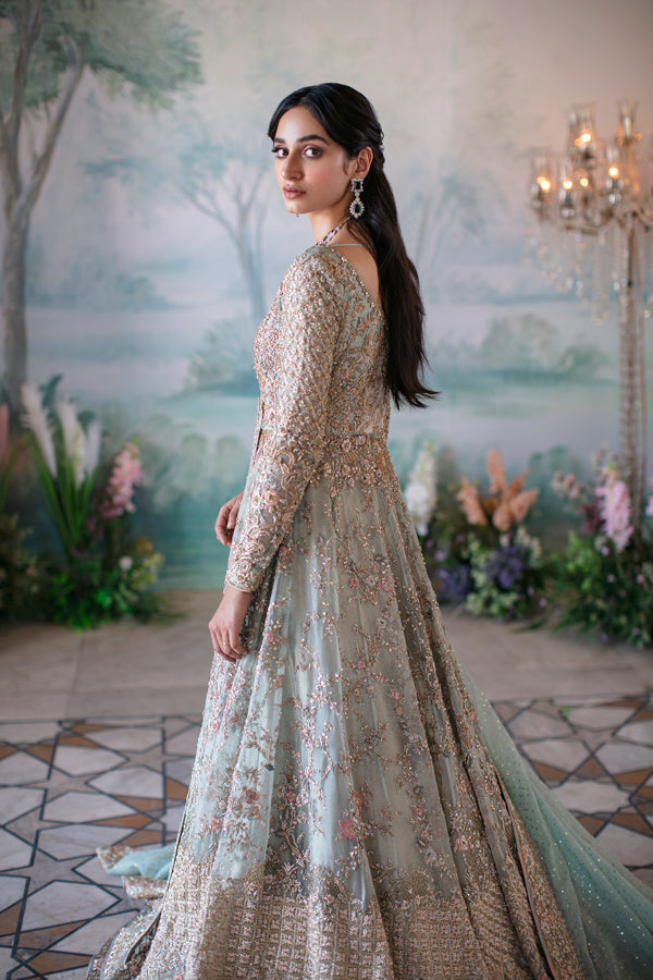 Pale Mint Embellished Net Angrakha Bridal Gown (2-Piece) - Image 5