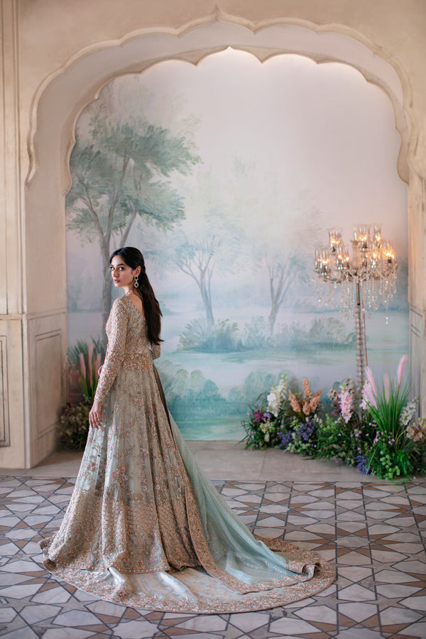 Pale Mint Embellished Net Angrakha Bridal Gown (2-Piece) - Image 6