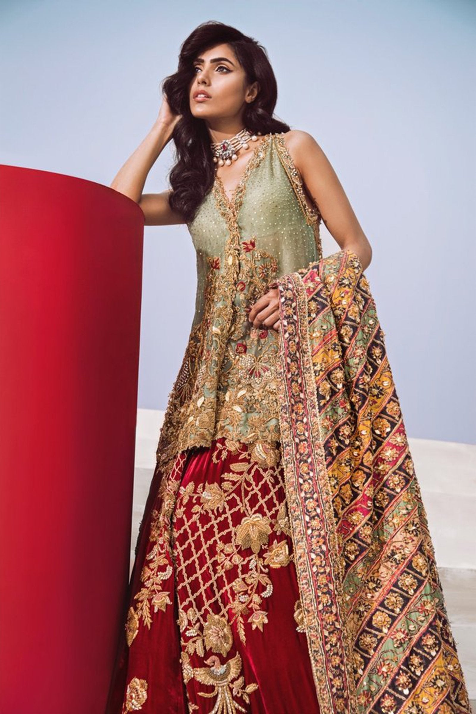 Pakistani Mint Zardozi Organza Peplum with Scarlet Velvet Gharara (3-Piece) - Image 1