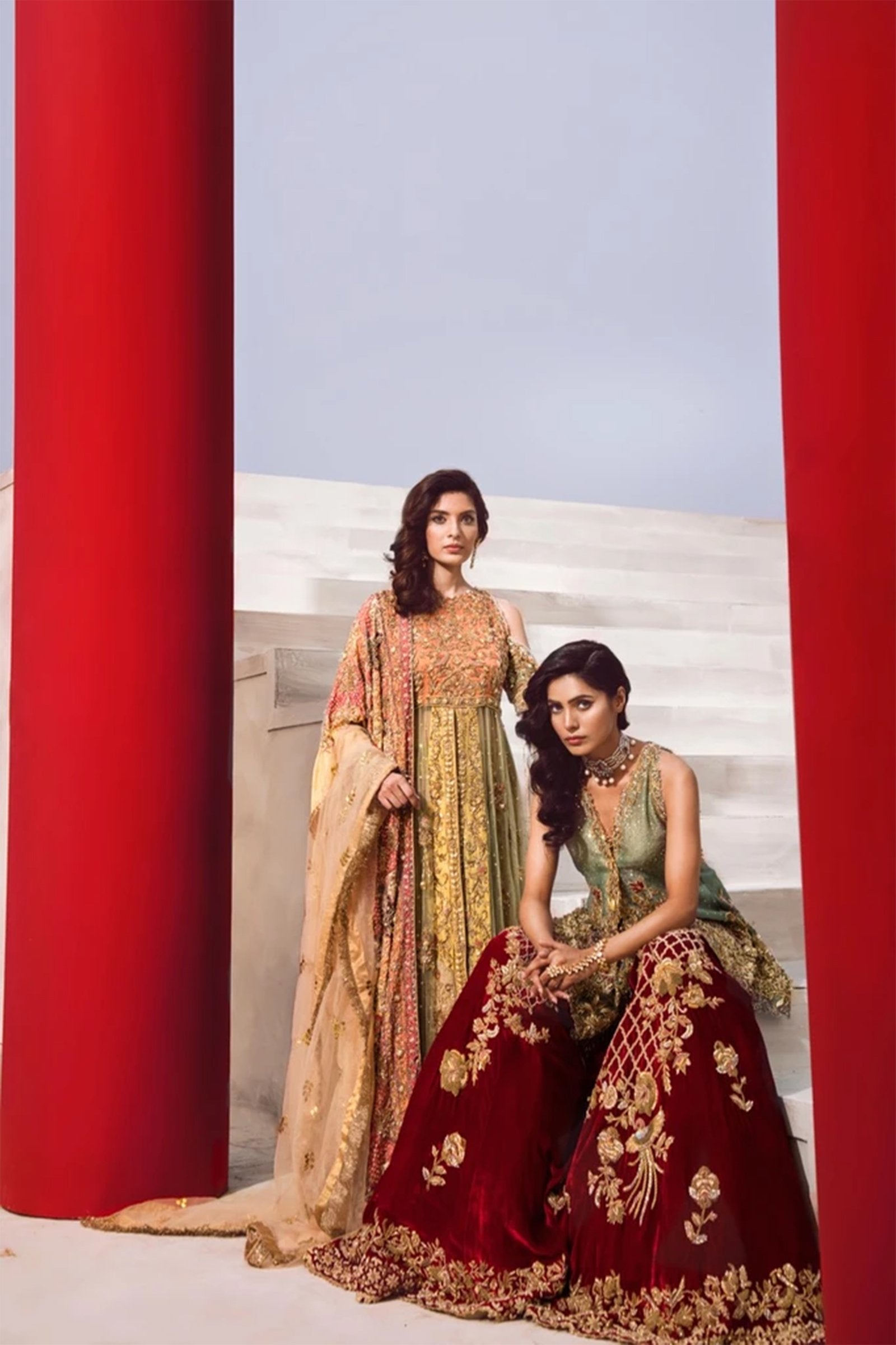 Pakistani Mint Zardozi Organza Peplum with Scarlet Velvet Gharara (3-Piece) - Image 3